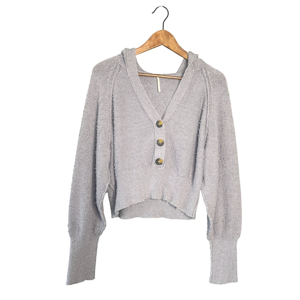 Free People Found My Friend Cardigan Women M Hooded Crop Gray Boho Textured